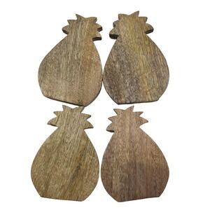 Pineapple Shaped Wood Coasters Set of 4 Tropical Boho Home Decor Brown Wood
